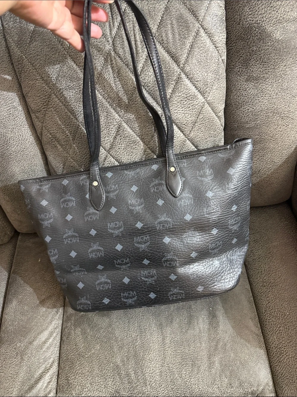 MCM Black Canvas Tote with Pink and Mint Center Stripes